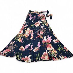 Navy Blue Floral Maxi Skirt Tie Waist XS Boho Summer Flowy